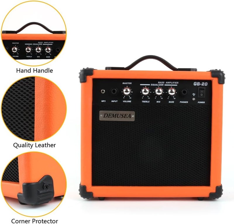 demusea 20W Watt Electric Orange Color Bass Guitar Amplifier Portable Travel Mini Practic Amp Headphone Jack Aux Treble Middle Bass MP3 with Cable Adapter Guitar Picks in - Image 5